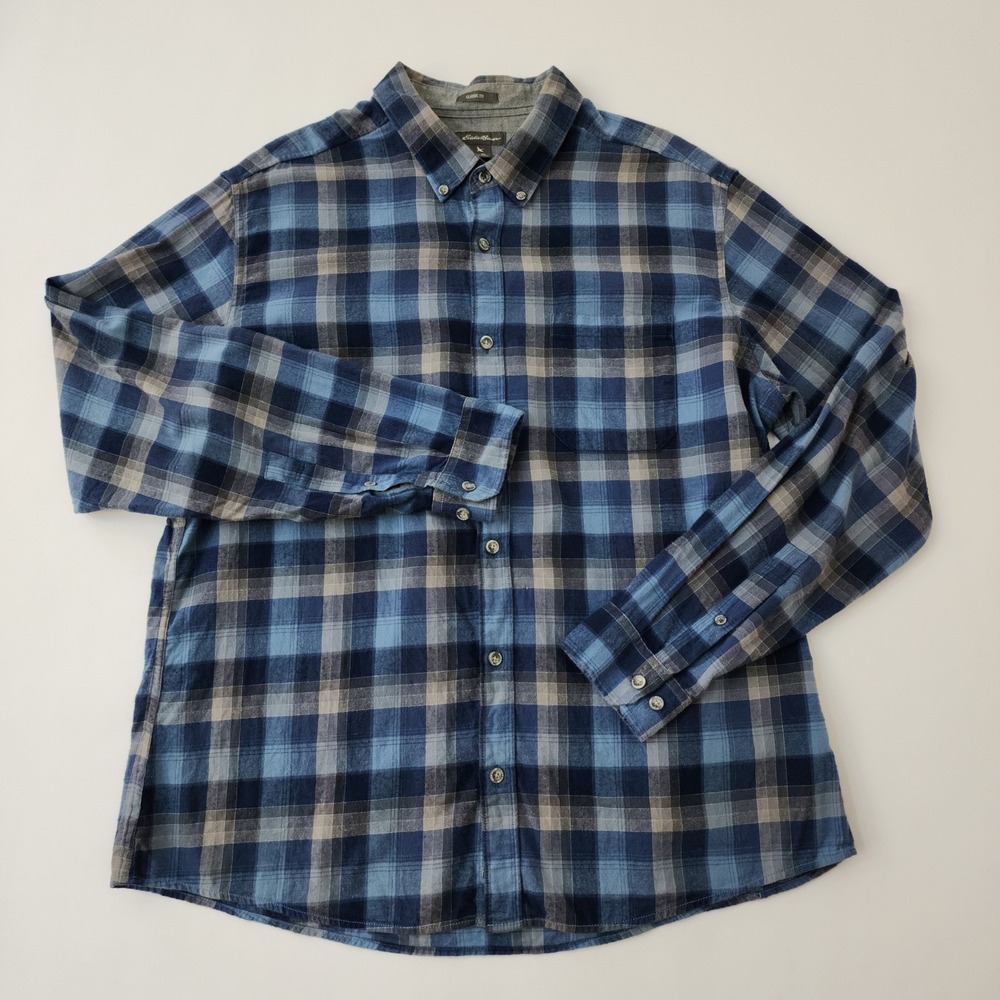 Eddie Bauer Mens XL Classic Fit Blue Grey Plaid Flannel Button Down Shirt
